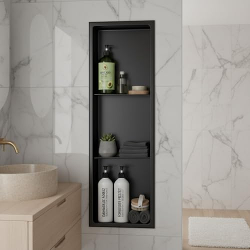 Wunderbad Stilform Wandnische 90 x 30 Schwarz Matt mit 2 Fachböden Duschablage Edelstahl