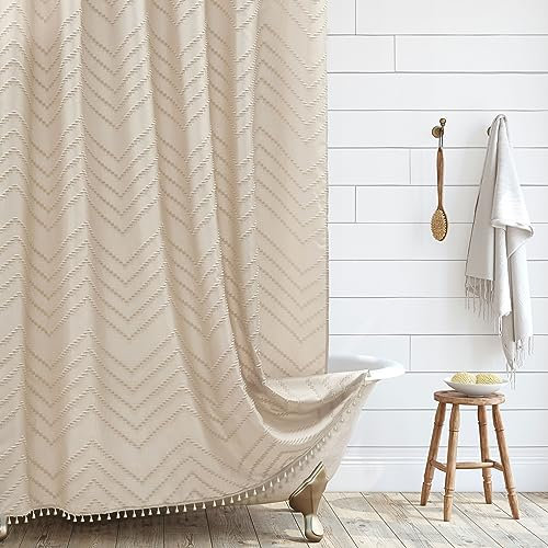 Siiluminisoy Rideau de douche long en tissu tissé de style rustique et bohème, beige/crème, 183 x 198 cm, motif chevrons touffetés, moderne et chic, texturé et minimaliste pour salle de bain avec