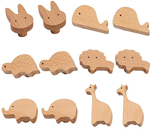 HDJNal 12 Set Holz Tier Möbelknöpfe Dekorative Holz Kommode Knöpfe mit Schrauben Kommode Ziehen Holz Marine Wald Tiere Knöpfe Schrankknöpfe Kinderzimmer Schubladengriffe für Dekor