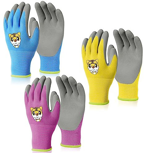 OSDUE 3 Paar Kinder Gartenhandschuhe, Schutzhandschuhe Handschuhe, mit Handflächenbeschichtung für Garten und Arbeitshandschuhe für Mädchen und Jungen (für 3–5 Jahre)