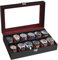 SONGMICS Porta Orologi a 12 Posti, Scatola Portaorologi, Coperchio in Vetro, Cuscini Rimovibili, Chiusura in Metallo, Idea Regalo, Superficie in PU Nero, Interno Rosso Bordeaux JWB120R01