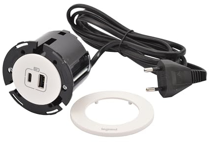 LEGRAND, Incara Disq 60, USB A+C Ladesteckdose, Tischsteckdose, Einbausteckdose, Mehrfachladegerät, 15 Watt, 2m Kabellänge, 2P+E Stecker, Farbe: Ultraweiß, 654730