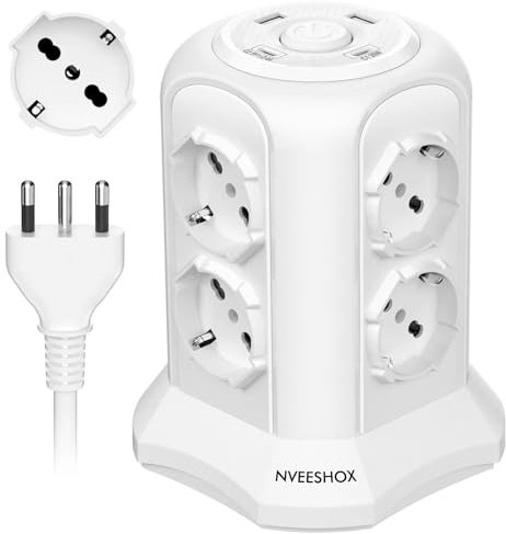 NVEESHOX Ciabatta Multipresa Con 8 Prese Universali ITA 10/16A e Schuko, 2 USB-C e 2 USB-A (20W PD3.0), 4000W/16A, Torre Protezione Sovratensione Con Interruttore, 2M Cavo (Bianca)