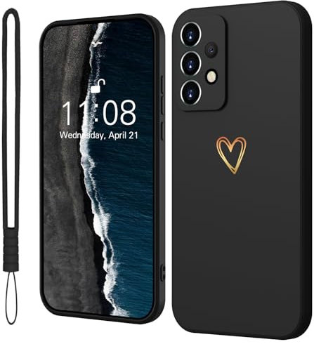 Mitetabo für Handyhülle Samsung Galaxy A53 5G Hülle Silikon mit Gold Liebesherz,Dünn Case Slim Kratzfeste Rundumschutz Schutzhülle für Samsung Galaxy A53 5G Schwarz