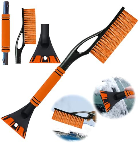 WAYBWZDQ Rascador de Hielo para Coche con Escoba, Rascador de Hielo y Cepillo de Nieve 2 en 1 con Mango Suave Antideslizante, para Parabrisas y Ventanas del Coche (Naranja)