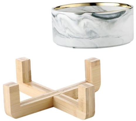 ABOOFAN Bol pour Animaux De Compagnie Marbré Gris avec Support Bois Bol pour Chats Et Chiots Vaisselle Surélevée Style Nordique pour Riz Soupe Et Nouilles Instantanées Set