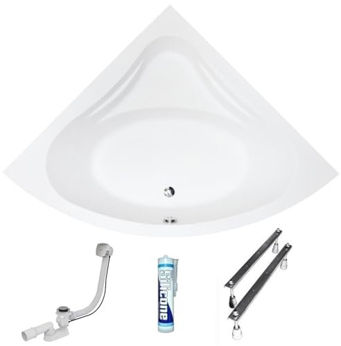 ECOLAM Baignoire d'angle acrylique symétrique Mia 130x130cm + pieds siphon silicone | Belle forme | baignoire en acrylique blanc