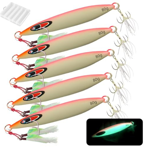 Tief Sinkende Meeresfischköder, WASAGA 80g/100g/120g/150g/200g/250g/300g Hartmetall Meer Spinner Fischköder Perfekt für Bandfisch Lachs Zackenbarsch Kabeljau & Jigging Köder (11.4cm-80g-5pcs)