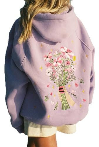 YILEEGOO Y2k Hoodies for Women Teen Girls Embroidery Graphic Flower Oversized Hooded Sweatshirts Vintage Floral Sweater Pullover Tops (Light Purple, M)