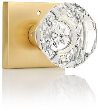 EHOMEWARE 1 Pack Clear Crystal Door Knob, Bedroom Door Knobs Interior, No Key Door Lock, Privacy Function, Bathroom Glass Door Knob, Satin Brass Finish