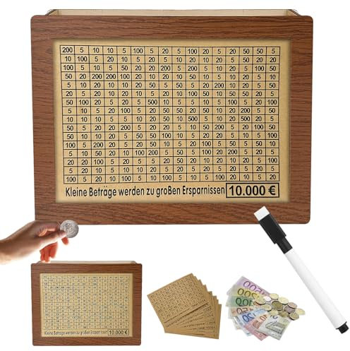 JWDMHSJ Spardose aus Holz mit Marker Aufklebern, spardose mit zähler, sparbox mit Zahlen ankreuzen, sparschwein aus Holz mit zähler, für Erwachsene und Kinder mit Sparziel (8 Aufkleber)