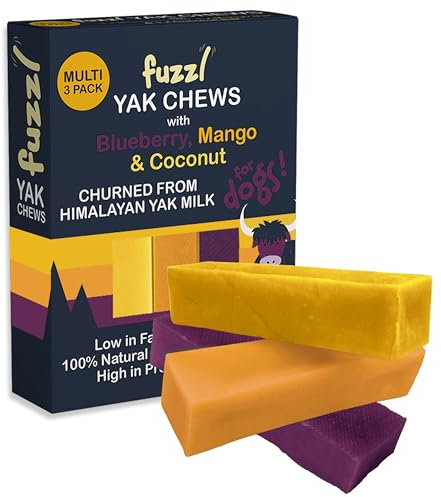 Fuzzl Yak Chews for Dogs Blueberry Mango Coconut 3 Pack - Natural Dog Treats with Himalayan Yak Milk - No Hide Dog Food Natural Dog Chews Long Lasting Dog Dental Sticks and Dental Chews