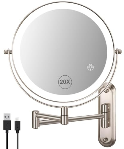 VORREMIRR Wandmontierter Make-up-Spiegel, 1x/20x Vergrößerungsspiegel mit 8,5 Doppelseitig, Eitelkeit Make-up-Spiegel für Badezimmer, gebürstetes Nickel