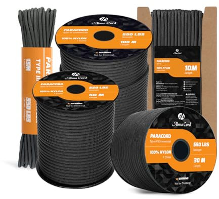 Abma Cord Paracord 550 4mm 10M 100% Nylon Seil Typ III Schnur mit 7 Kern für Basteln, Camping, Survival, Outdoor - Max. 250kg (550lbs) - Schwarz