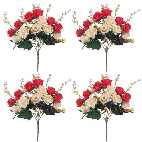 DINGFENG 4 Bundles Artificial Flowers Rose, Silk Flowers For Graves, Artificial Flowers Outdoor, Faux Flowers, For Home Wedding Office Table Decoration (Red)