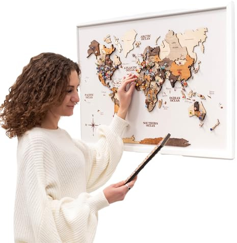 Enjoy The Wood 3D Weltkarte an Bord für Wanddeko (Multicolor, Medium) | Holz Wand Deko Wohnzimmer und Küche Vintage Wanddekoration Geschenkidee für Wanderer Weltkarte zum Pinnen von Enjoy The Wood