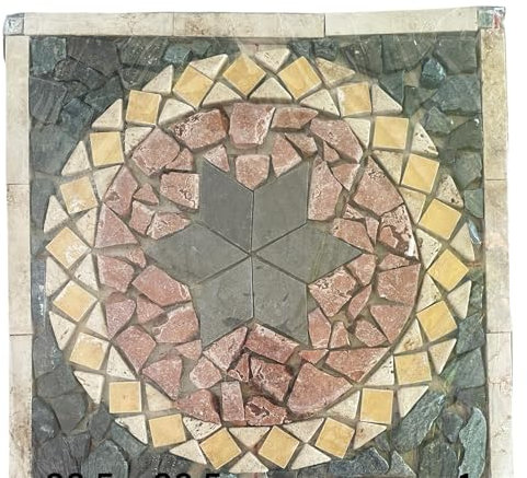 Piastrella mattonella, Rosone in Marmo e Travertino, Mosaico Decorativo, 32,5 x 32,5 cm, Spessore 1 cm fatto a mano per interni e esterni.