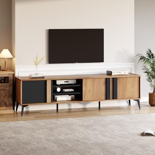 Merax Meuble TV moderne pour téléviseur jusqu'à 80, avec 3 casiers et compartiment ouvert, pour salon et salle à manger, marron et noir, 180 x 40 x 50 cm