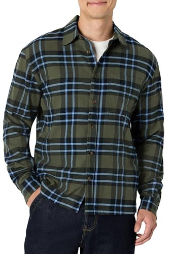 Amazon Essentials Men's (Demi's Pick) Relaxed-Fit Long-Sleeve Flannel Shirt, Dark Olive Blue Simple Plaid, M