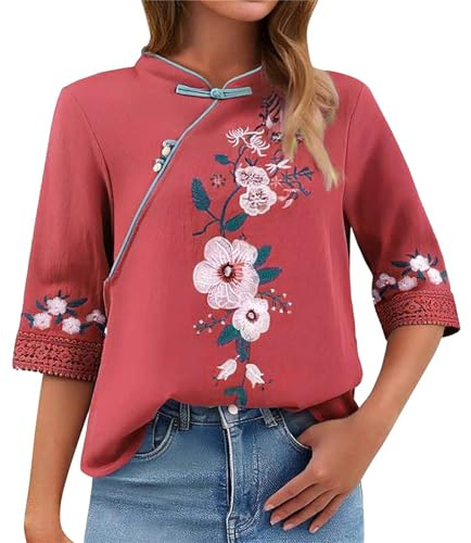 Uwdiohq Haut d'été pour Femme en Coton et Dentelle Chinoise, col incliné, Style rétro, Boutonnage à Sept Boutons, brodé Pulls Tuniques pour Femmes Leggings Habillés Blouse Chic élégant Chemise