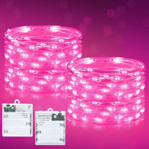 Dalugo Pink Fairy Lights with Timer, 2 Pack 3M 30 LED Battery Operated String Lights with 5 Modes for Girls Bedroom, Valentine Decorations