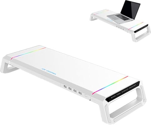 LearnLyrics Ergonomic Monitor Riser Stand - Desktop Organizer Shelf, RGB Laptop | USB 3.0 Hub Station Accessories, Computer Printer Holder with Lights for Office Desk PC Workstation Setup Platforms