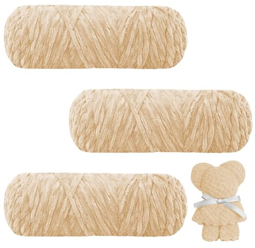 AUAUY Fettuccia per Borse a Uncinetto, Filato Di Ciniglia Grosso, 3 x 100g Ciniglia Gomitoli per Uncinetto, Filato Di Ciniglia Morbido per Borse All‘uncinetto, Cappelli, Coperte, Sciarpe, Beige