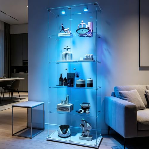AZJSAHAH Glasvitrine mit Beleuchtung,Vitrine Stehend Sammlervitrine Vitrine Glas mit 5 Glasböden & 2 Glastüren Vitrinenschrank Für Wohnzimmer Schlafzimmer Büro (Weiß, 2 Tür 5 Lagen – LED)