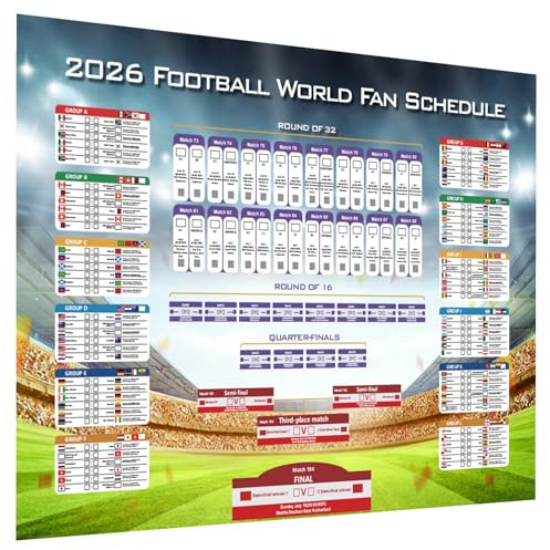 hsyomgcs Affiche du calendrier de la Coupe du Monde de football 2026 de grande taille 84x60 cm, tableau mural laminé avec tous les matchs de la phase de groupes aux éliminatoires, 42 équipes