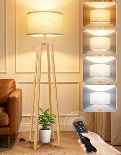 Lampadaire Trépied en Bois avec Télécommande, Intensité Variable | LED 1100 lm, Température Réglable 3000K-6500K, abat-jour en lin, Minuterie 1 h, Fonction Mémoire