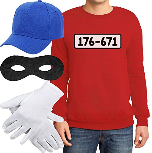 Panzerknacker Banditen Bande Kostüm Herren Pulli + MÜTZE + Maske + Handschuhe Sweatshirt X-Large Rot