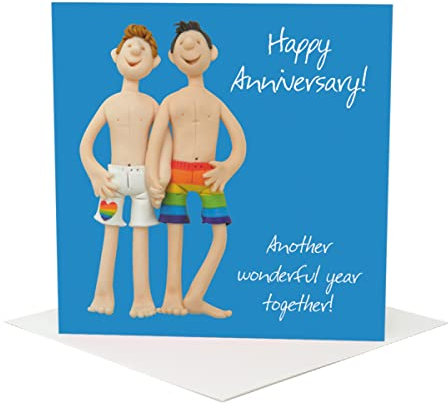 Holy Mackerel LGBTQ+ Happy Anniversary Card for men, designed by Erica Sturla. Card is 15cm square and blank inside for your own message