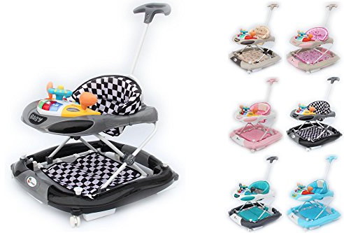 Clamaro 'MaxMobil' Gehfrei Lauflernwagen Lauflernhilfe mit Schiebestange mit Musik Spielstation, flüsterleise Gummirollen, Anti-Rutsch Funktion und Schaukelfunktion - Schwarz Weiss