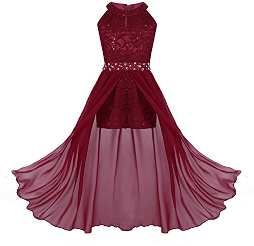 TiaoBug Robe Princesse Enfant Fille Dentelle Soirée à Strass Asymétrie Mariage Cérémonie Cocktail Sans Manche Organza Demoiselle d'Honneur Danse Carnaval E Bordeaux 12 Ans