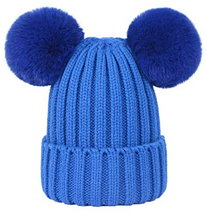 Damen Unisex Mütze Strickmütze Fellbommel Bommel Strick Mütze Winter-Mütze Bommelmütze mit 2 Bommeln (Blau,M: 36-60cm)