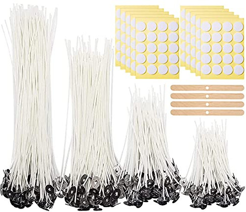 JEMESI 200 pièces mèches pour Bougie, 4 Tailles mèche pour Fabrication Bougie (5cm, 9cm,15cm et 20cm), avec Support Fixe et 200 Autocollants pour Mèche
