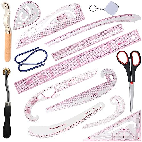 HLZC Französisches Kurvenlineal für Musterherstellung, 15-teiliges durchsichtiges Nählineal-Set für Anfänger, Schneiderei, Designer