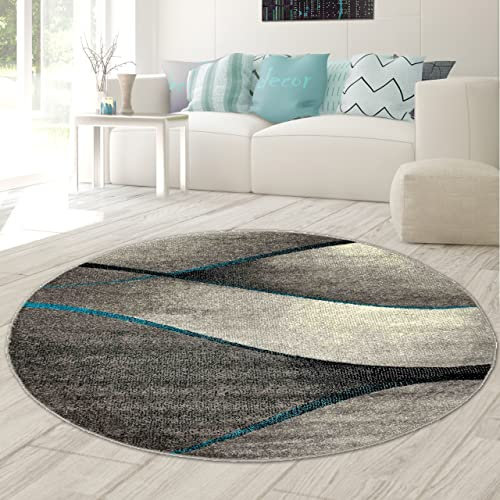 Teppich-Traum Runder moderner Dekoteppich Wellen Design in blau grau anthrazit - pflegeleicht & strapazierfähig (Ökotex) Größe 160 cm rund