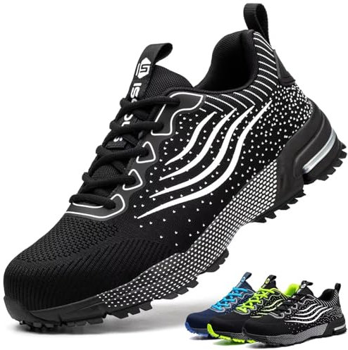 ISOOUS Sicherheitsschuhe Herren Damen Arbeitsschuhe Leicht Atmungsaktiv rutschfest Stahlkappe Schutzschuhe Schwarz 42
