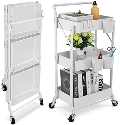 johgee Faltbarer Rollwagen mit 3 Etagen, Metall, zusammenklappbar, mobil, multifunktional, Aufbewahrungswagen für Zuhause, Bibliothek, Büro (faltbar, weiß)