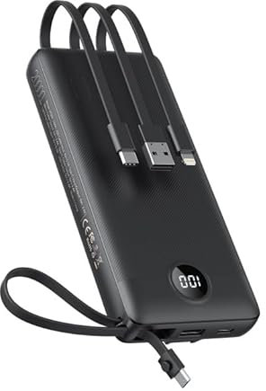 Batterie Externe 20000mAh, VEEKTOMX Power Bank avec Câbles Intégrés Portable Chargeur avec 5 Sorties & 2 Entrées, 4 en 1 Poratble Powerbank pour iPhone/Samsung/Tablettes, Essentiels Voyage, Noir