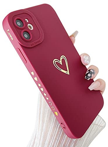 SmoBea Compatible with iphone 11 Case, Cute Gold Heart Pattern Phone Case for Women Girls With Side Small Love Pattern Silicone Protective Shockproof Phone Case (Red)