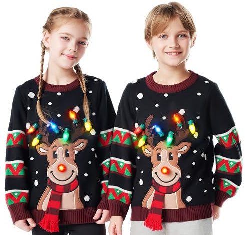 JOYIN Kid's Christmas Ugly Sweater LED Light Up Reindeer Xmas Sweater Built-in Light Bulbs for Boys Girls (Black, Large)