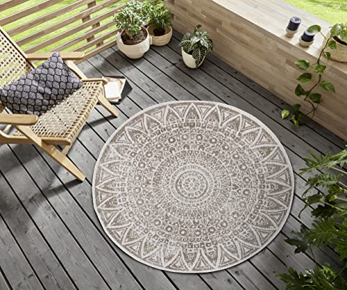 freundin Home Collection Lilja Flachgewebe In- und Outdoor Wendeteppich Wetterfest Modernes Mandala Design Teppich für Balkon Terrasse Garten Wintergarten Wohnzimmerteppich Wasserfest, Ø 100 cm, Linen
