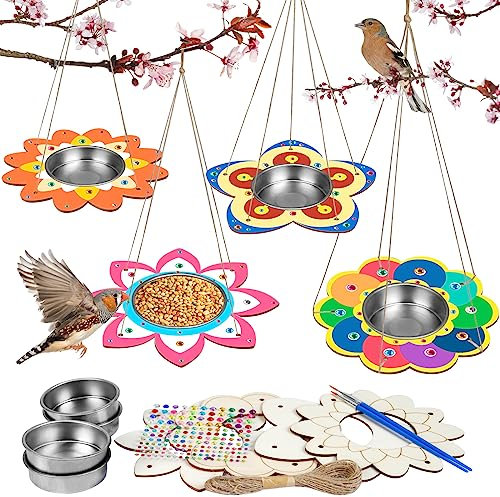 LAMEK 4 Pack DIY Bird Feeder Kits for Kids Make Your Own Bird Feeders Wooden Arts and Crafts for Boys Girls Ornaments DIY to Paint Craft for Fall Winter Garden Outdoor Spring Activities Project