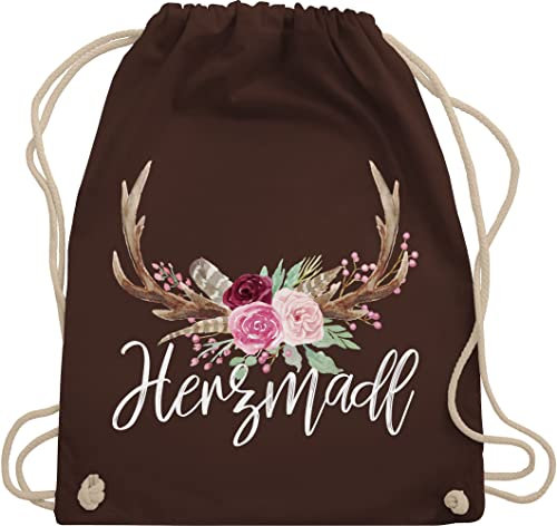 Turnbeutel Rucksack - Kompatibel mit Oktoberfest Tasche - Herzmadl - Unisize - Braun - mitbringsel aus bayern trachtenrucksack bayrische madl beutel trachtentaschen bayrisch hirsch stoffrucksack