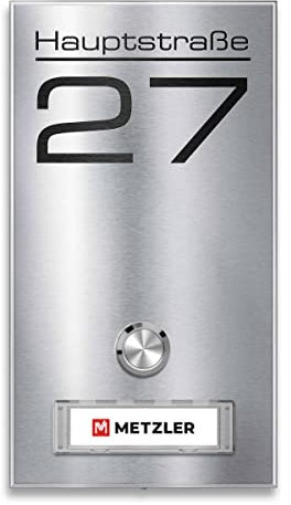 Metzler Edelstahl Funkklingel - Austauschbares Namensschild – Inkl. Gravur (Straßenname) - Aufputz-Montage - Wählbare Namensschild & Drucktaster-Beleuchtung | Tara