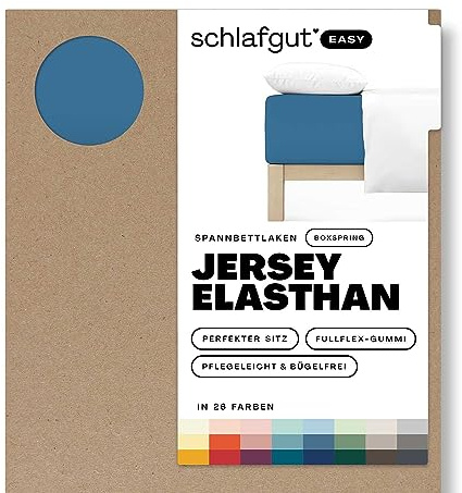 schlafgut Easy Boxspring Spannbettlaken 90x200 cm Jersey Elasthan, Blue Mid | Bettlaken, Spannbetttuch 100x200, 90x190 bis 100x220 cm, Blau, Boxspringbett, bis 40 cm Steg, Elasthan