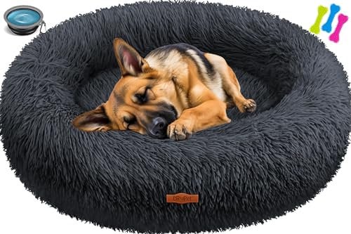 Lovpet® Hundebett Hundekissen Katzenbett Bagel, Waschbar, Inkl. Napf + 3X Kauknochen, Hundesofa flauschig Kissen Rund aus Plüsch für Kleine, Mittelgroße & Große Hunde, Katzen [3XL, Ø 100cm Anthrazit]
