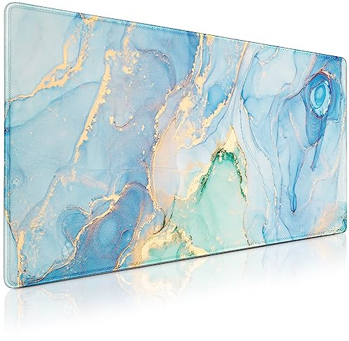 Acezeek Mousepad XXL,900x400(35.4×15.7in) Gaming Mauspad mit genähten Kanten, rutschfeste Gummimatte,wasserdichte Mauspad/Mousepads für Zuhause, Büro,Gaming-Jade Blauer Marmor